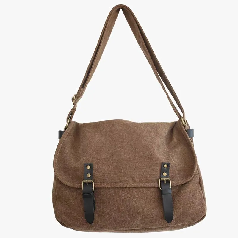 Men's retro canvas crossbody bag in khaki, casual postman style with adjustable strap