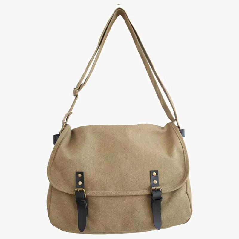 Men's retro canvas crossbody bag in khaki, casual postman style with adjustable strap