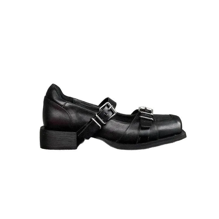 Black women's casual round toe PU mid heel shoes with metal buckle and belt decoration, front lace-up