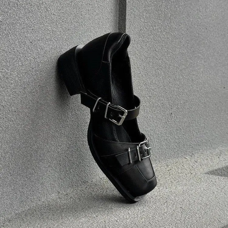 Black women's casual round toe PU mid heel shoes with metal buckle and belt decoration, front lace-up