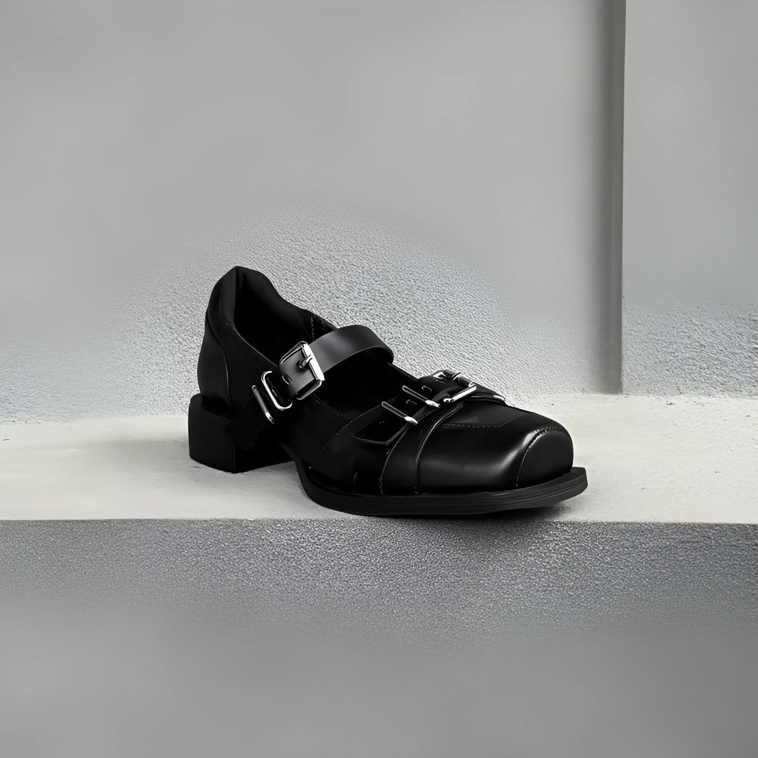 Black women's casual round toe PU mid heel shoes with metal buckle and belt decoration, front lace-up