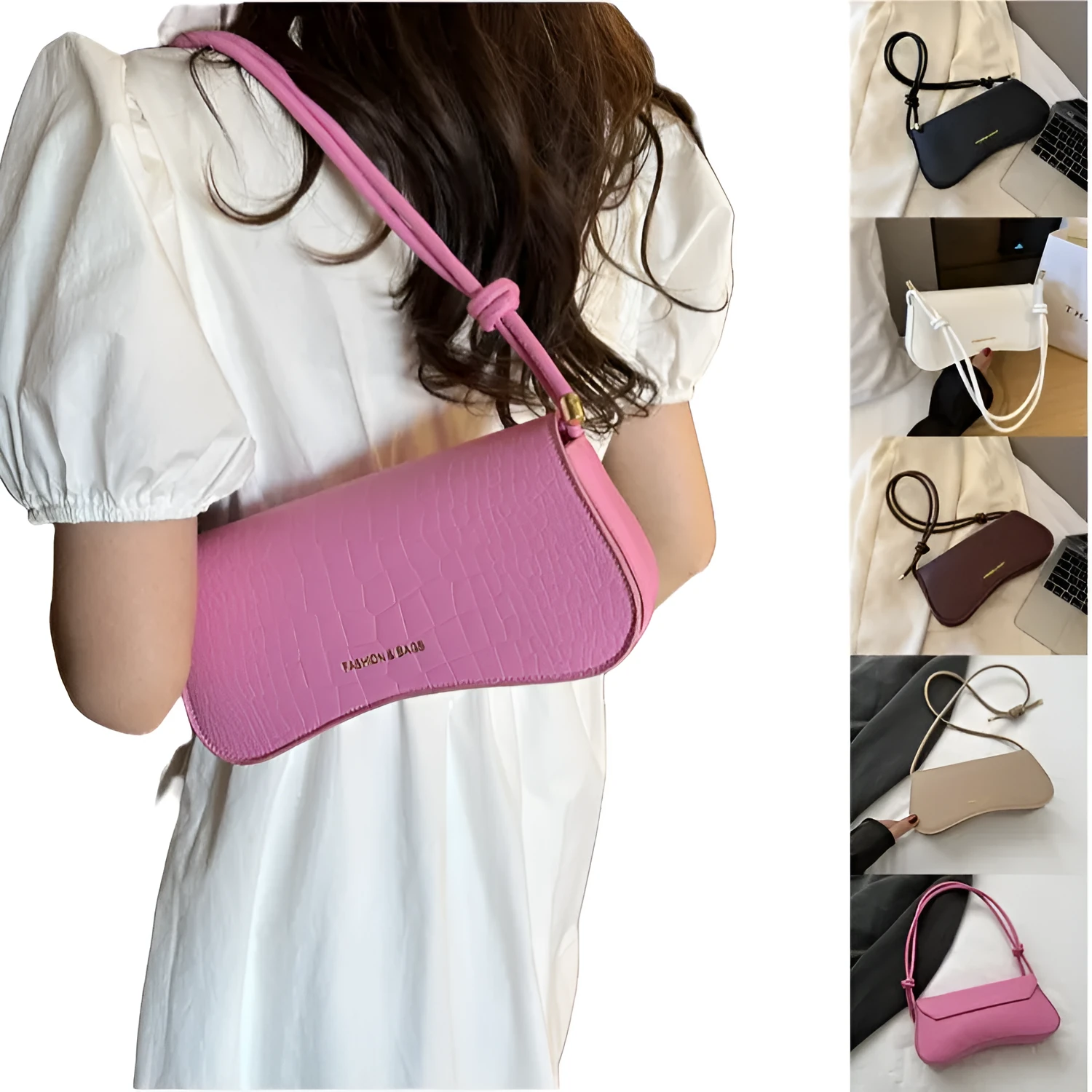 Summer minimalist PU underarm bag square crossbody tote for women, khaki colour, white background