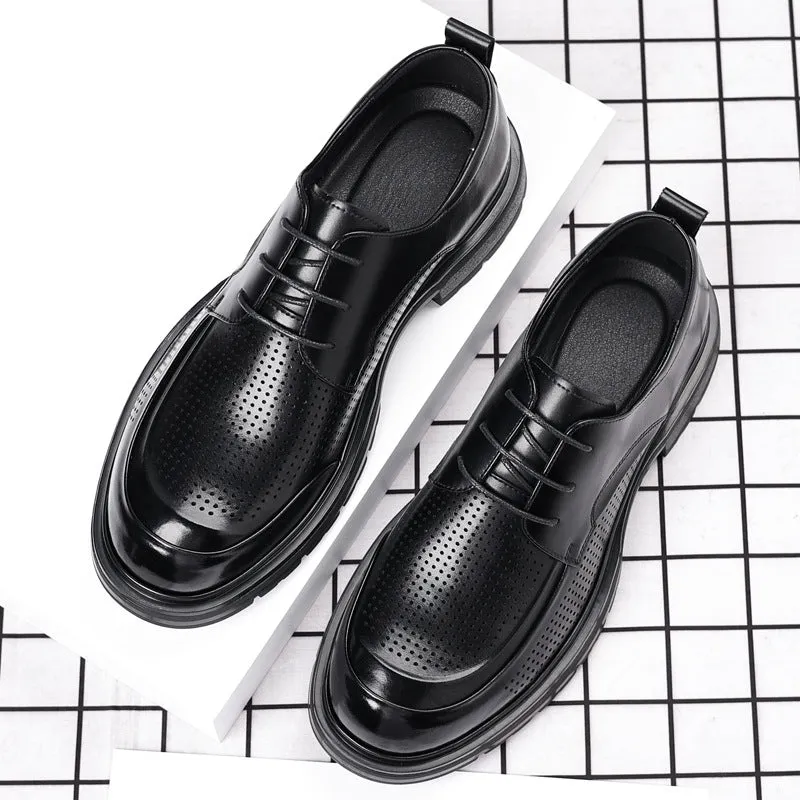 Men's hollow leather low-top business shoes in All Seasons Brown with wedge heel and sewing line detailing