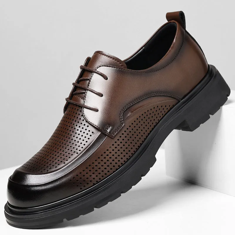 Men's hollow leather low-top business shoes in All Seasons Brown with wedge heel and sewing line detailing