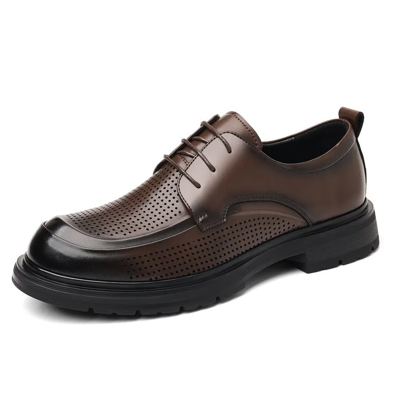 Men's hollow leather low-top business shoes in All Seasons Brown with wedge heel and sewing line detailing