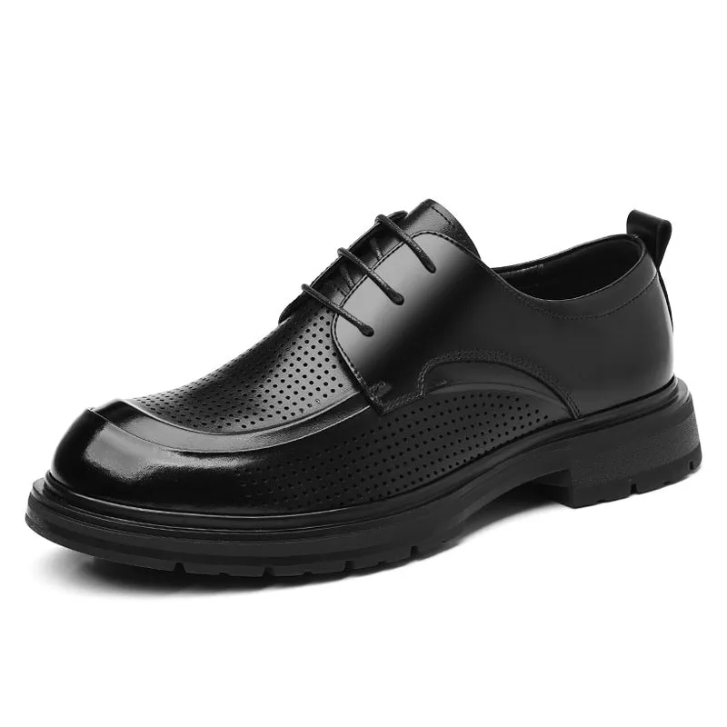 Men's hollow leather low-top business shoes in All Seasons Brown with wedge heel and sewing line detailing