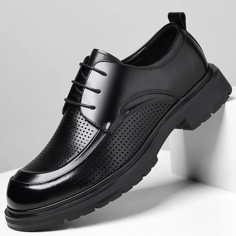 Men's hollow leather low-top business shoes in All Seasons Brown with wedge heel and sewing line detailing