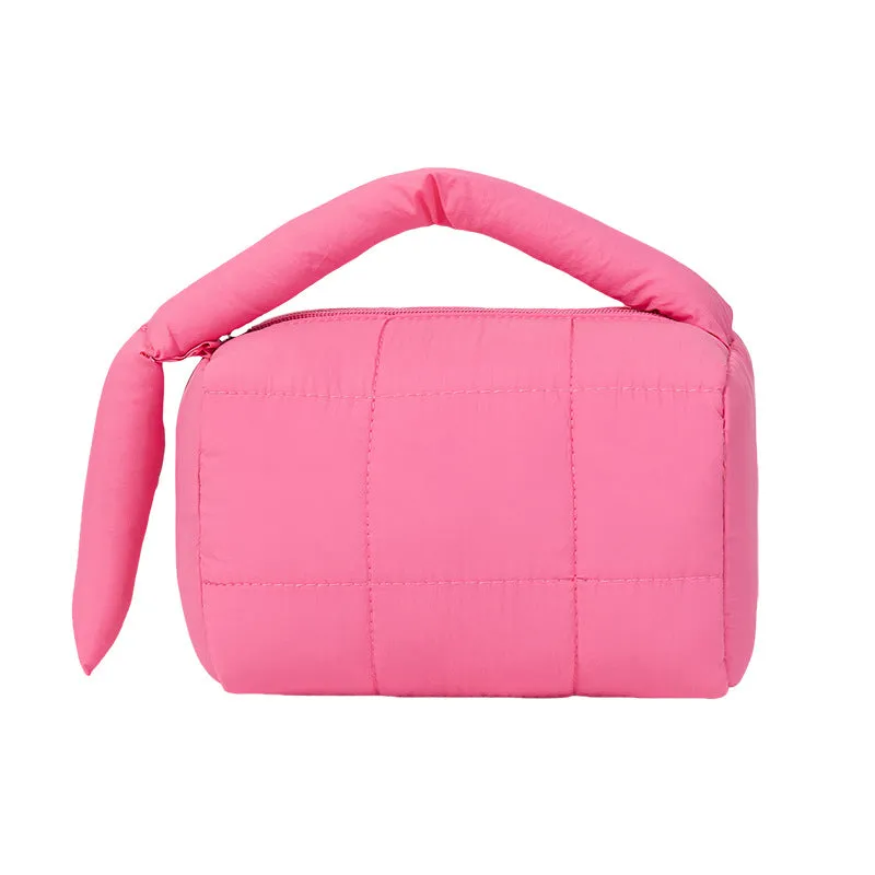 Cylindrical cotton cloth puff cosmetic bag in four colours including Rose Red, Pink, Purple, Green, ins style, no logo