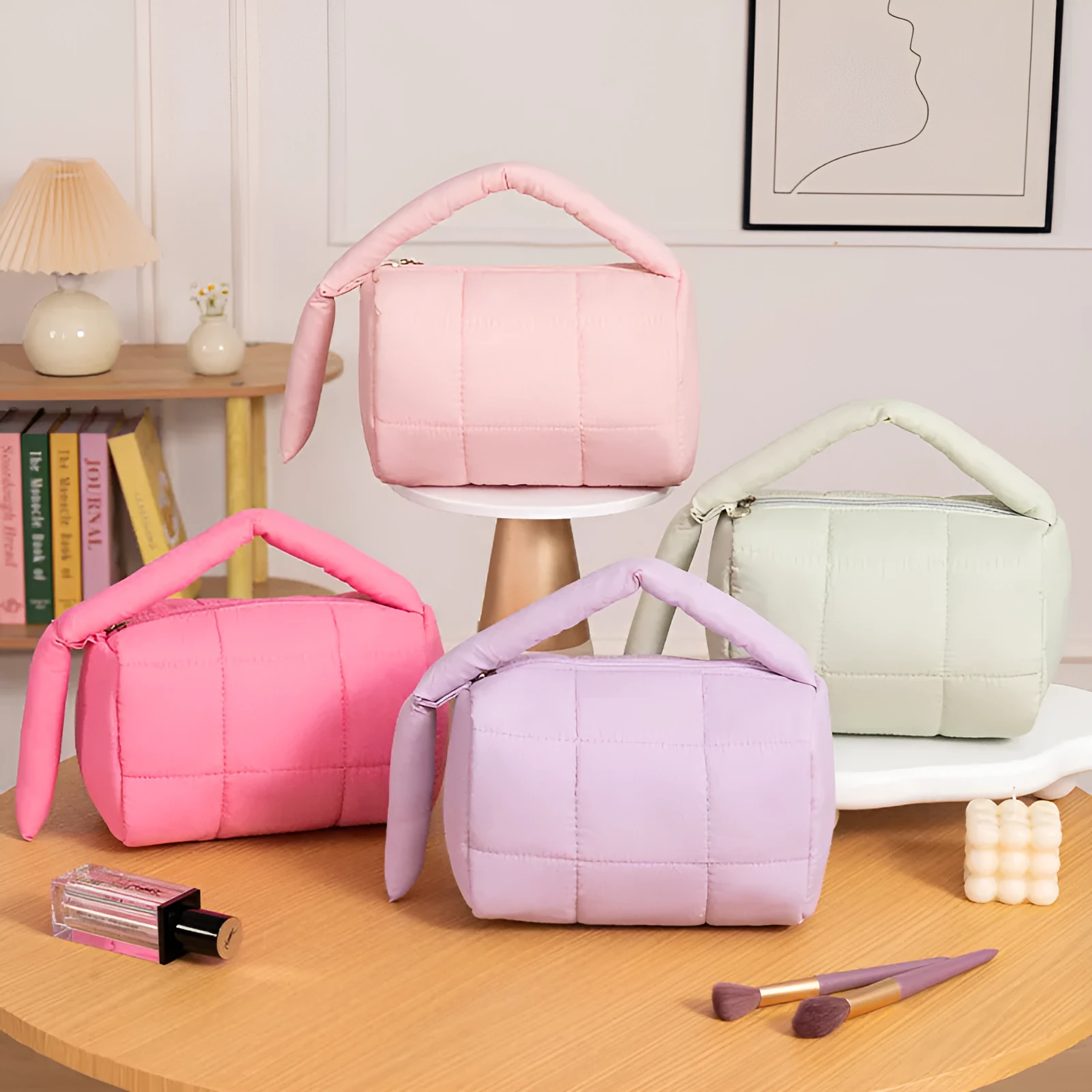 Cylindrical cotton cloth puff cosmetic bag in four colours including Rose Red, Pink, Purple, Green, ins style, no logo