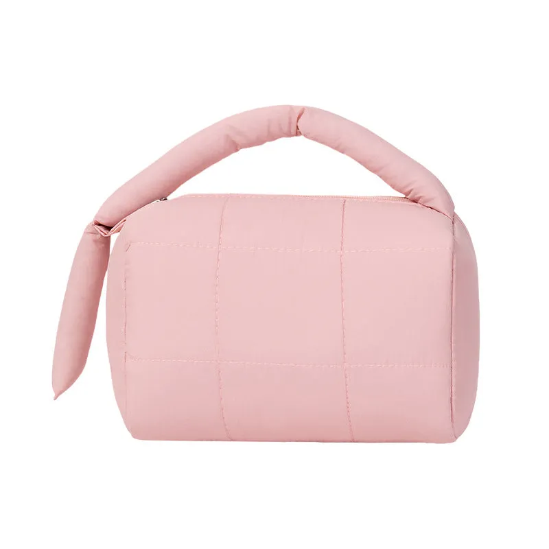 Cylindrical cotton cloth puff cosmetic bag in four colours including Rose Red, Pink, Purple, Green, ins style, no logo
