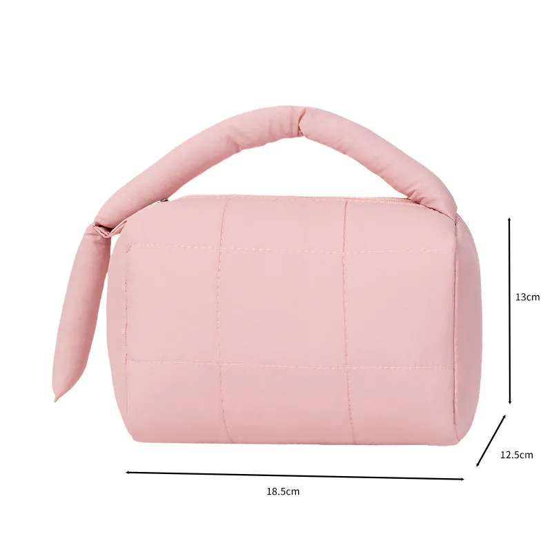 Cylindrical cotton cloth puff cosmetic bag in four colours including Rose Red, Pink, Purple, Green, ins style, no logo