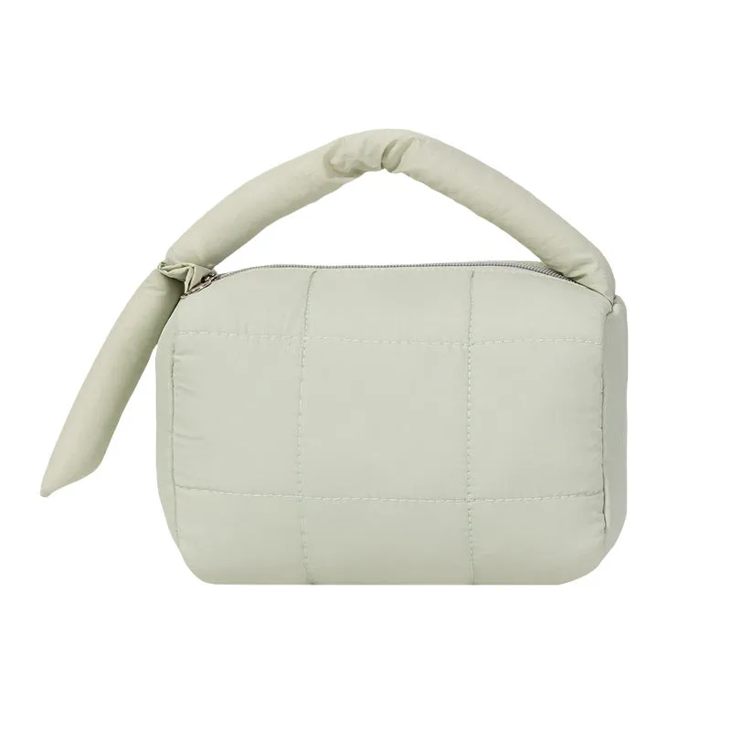 Cylindrical cotton cloth puff cosmetic bag in four colours including Rose Red, Pink, Purple, Green, ins style, no logo