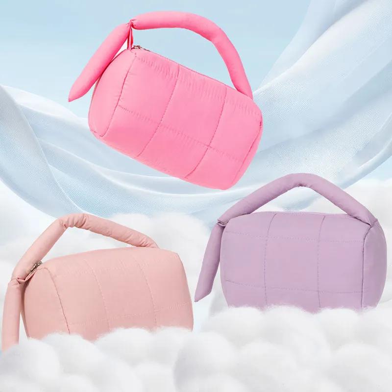 Cylindrical cotton cloth puff cosmetic bag in four colours including Rose Red, Pink, Purple, Green, ins style, no logo