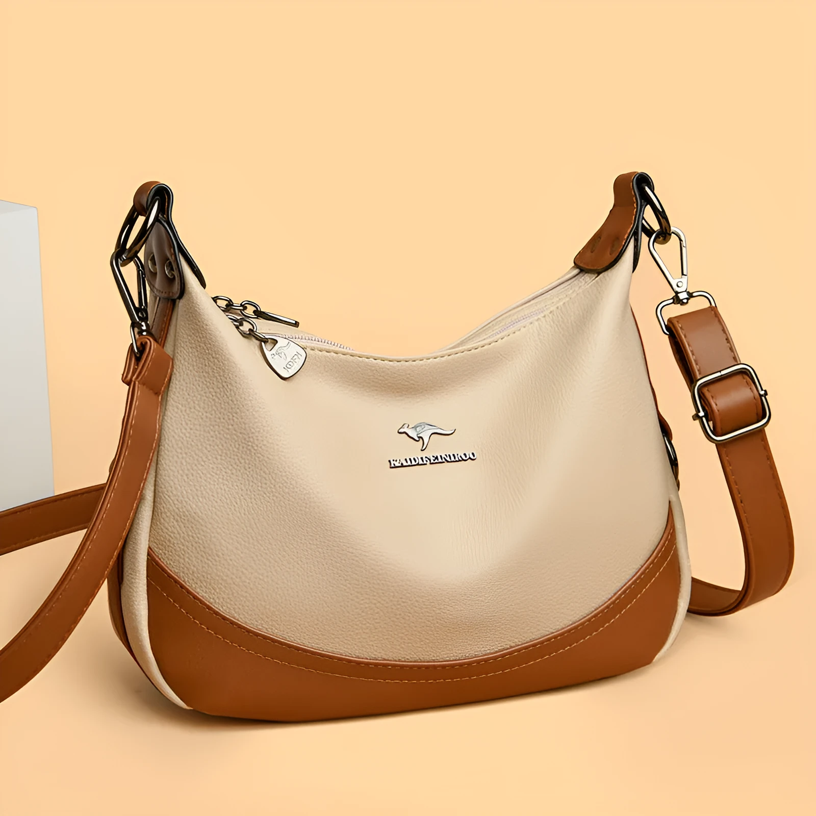 Fashion ladies large capacity shoulder bag in PU leather, horizontal square shape, 30x8x21cm, apricot with khaki colour