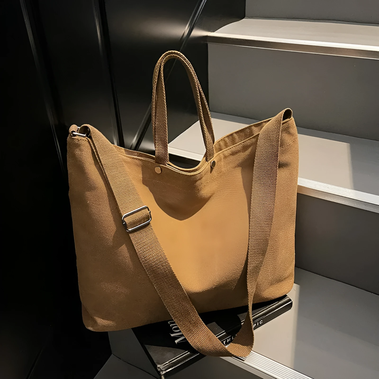 Large capacity casual tote bag for women with stitching details in khaki, brown, black, coffee, green