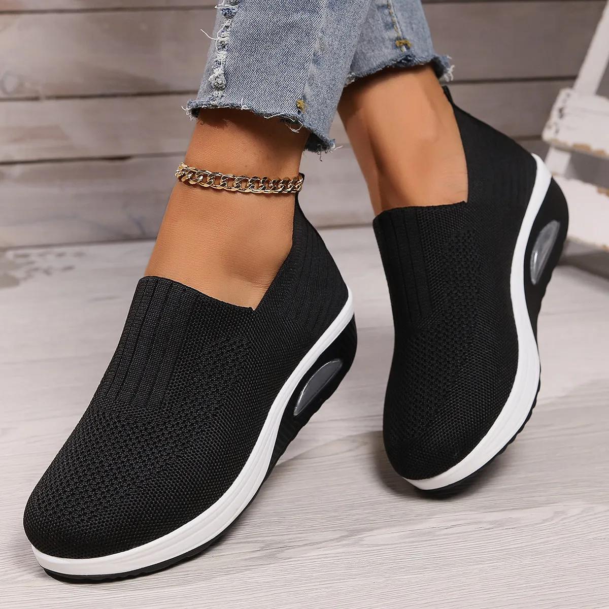 Unisex slip-on casual knitted wedge shoes in six colours with round toe and shallow opening