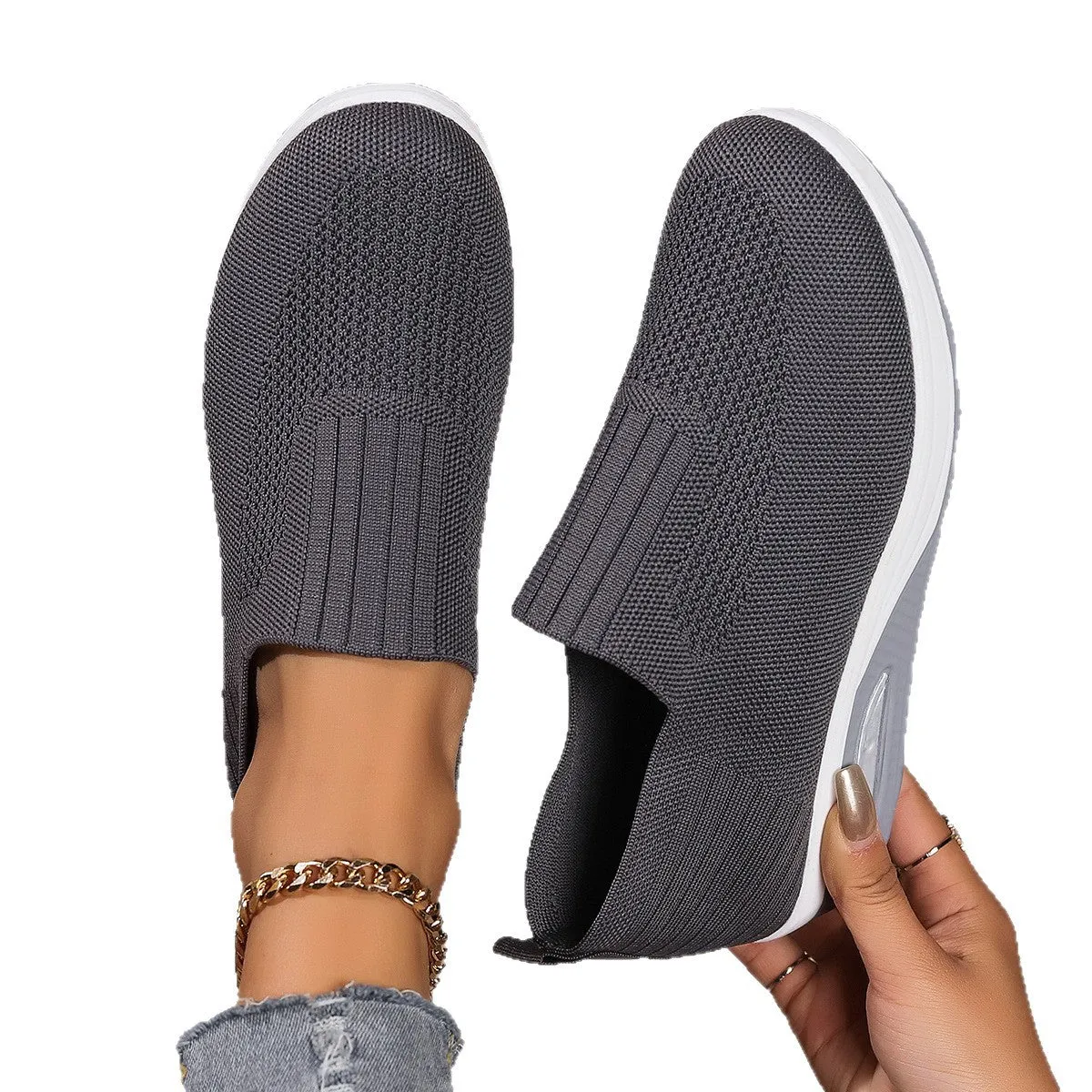 Unisex slip-on casual knitted wedge shoes in six colours with round toe and shallow opening