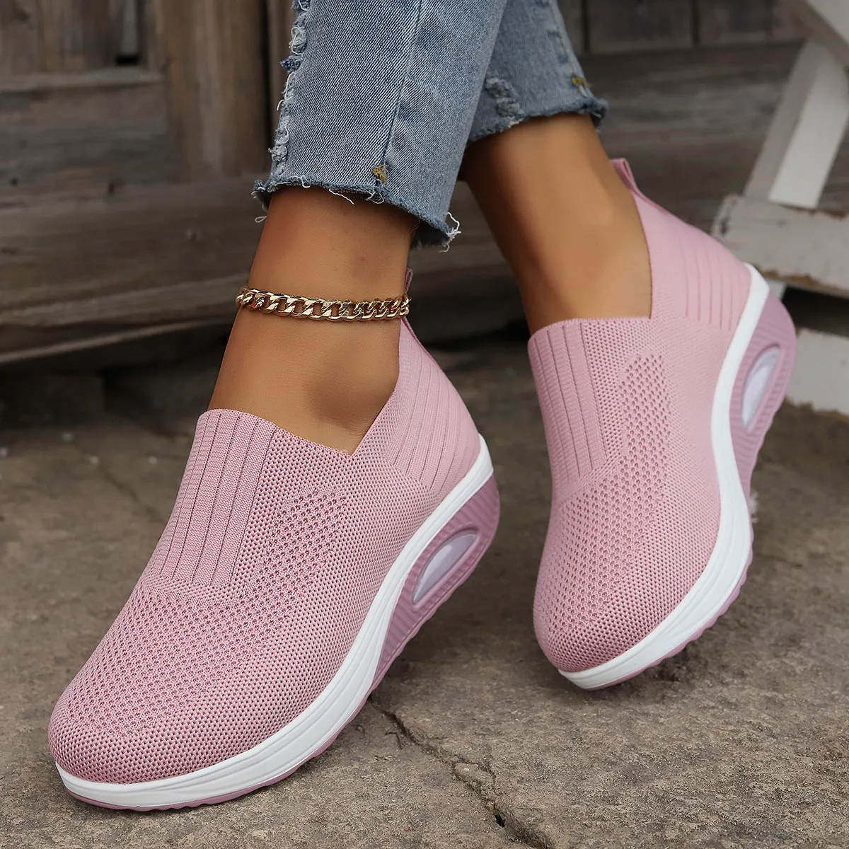 Unisex slip-on casual knitted wedge shoes in six colours with round toe and shallow opening
