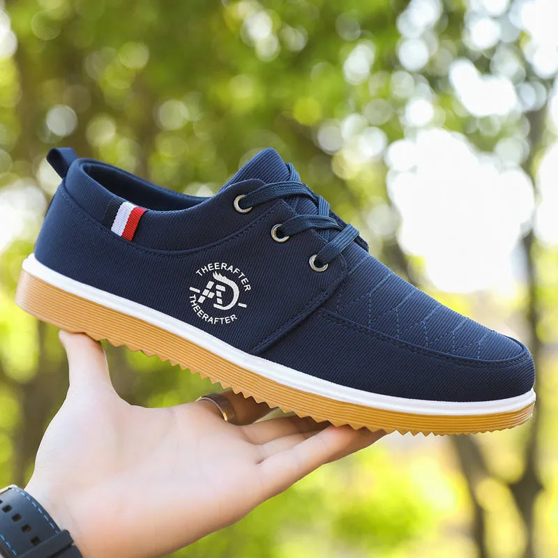 Men's black canvas casual shoes with a leather toe cap and a thick platform EVA sole.