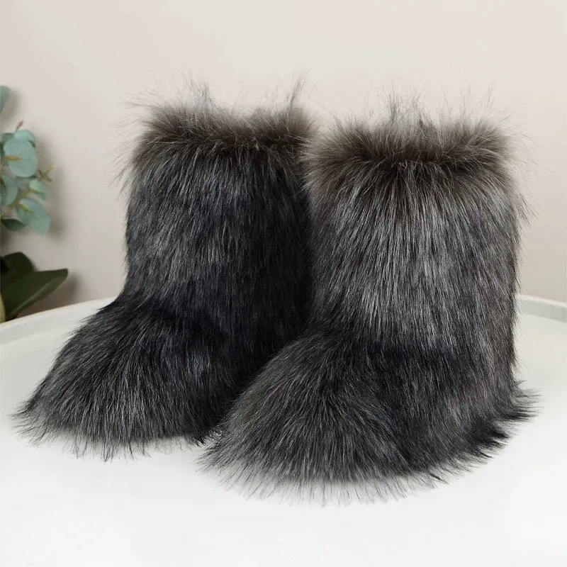Women's faux fur mid-calf winter boots in imitation raccoon fur khaki, flat heel, round toe, plush lining