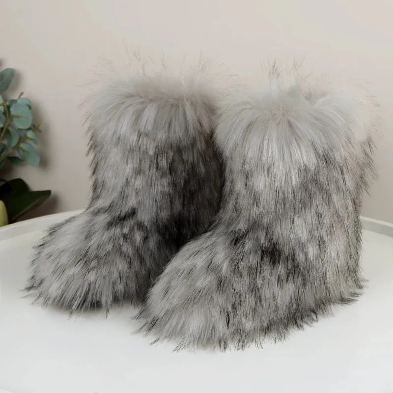 Women's faux fur mid-calf winter boots in imitation raccoon fur khaki, flat heel, round toe, plush lining