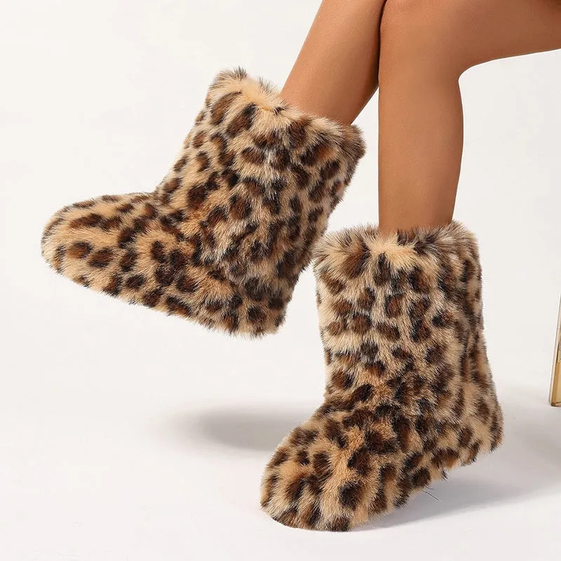 Women's faux fur mid-calf winter boots in imitation raccoon fur khaki, flat heel, round toe, plush lining