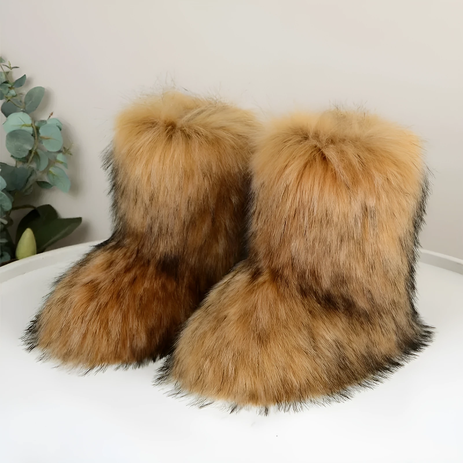 Women's faux fur mid-calf winter boots in imitation raccoon fur khaki, flat heel, round toe, plush lining