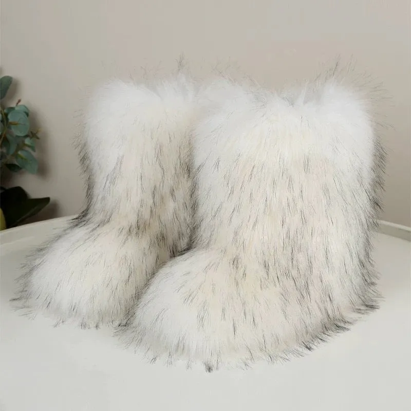 Women's faux fur mid-calf winter boots in imitation raccoon fur khaki, flat heel, round toe, plush lining