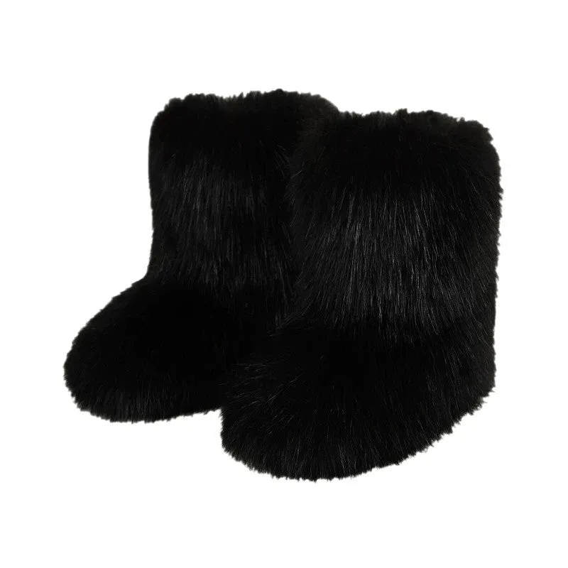 Women's faux fur mid-calf winter boots in imitation raccoon fur khaki, flat heel, round toe, plush lining
