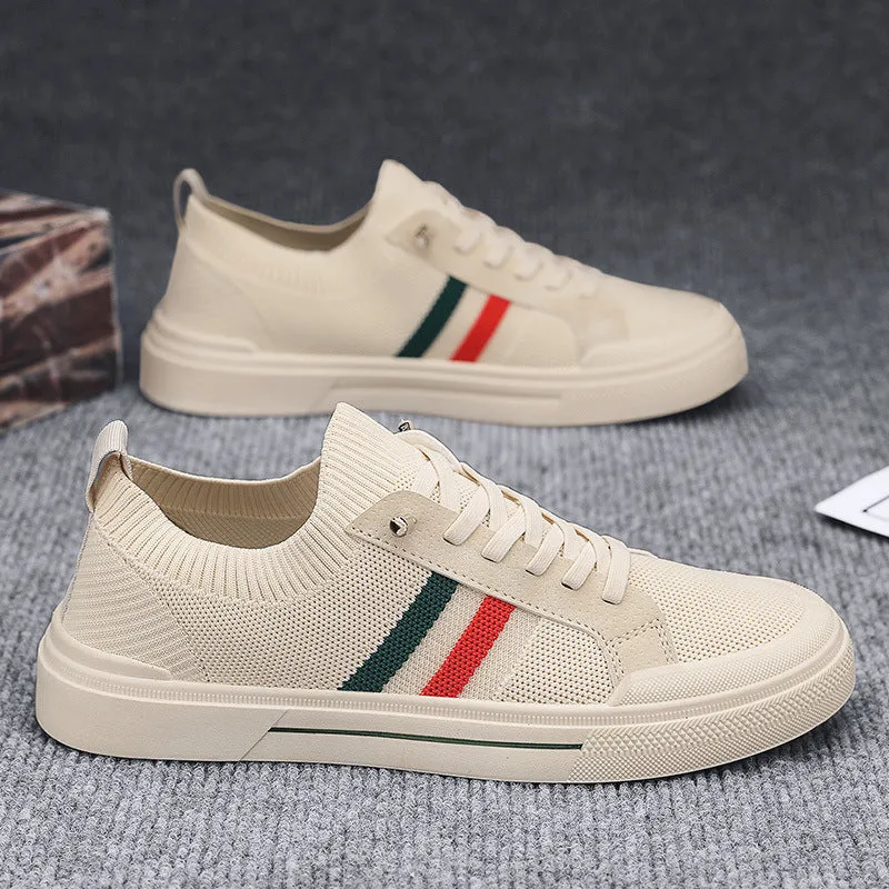 Men's knitted mesh casual sneakers with elastic band closure in beige colour