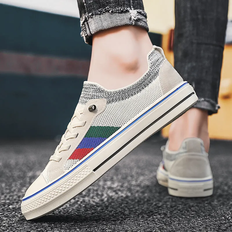 Men's knitted mesh casual sneakers with elastic band closure in beige colour