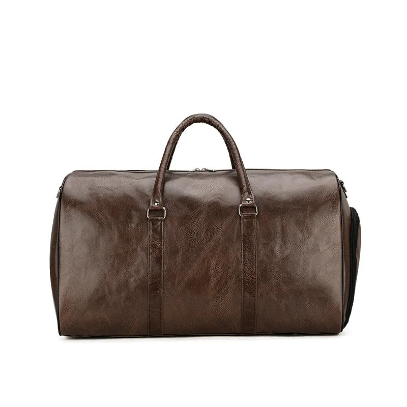 Retro large capacity men's sports gym bag in black PU leather with visible sewing thread stitching