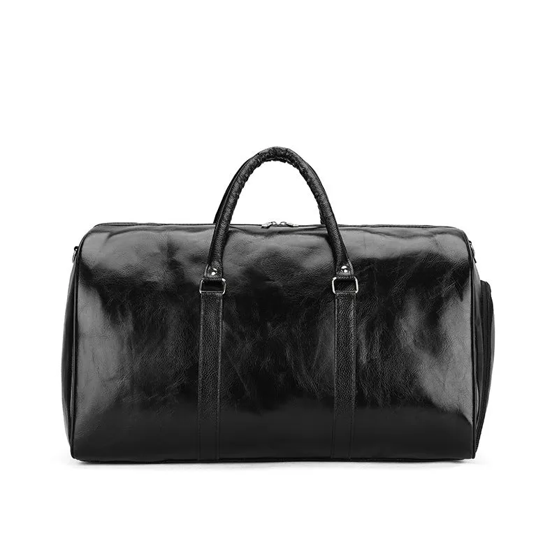 Retro large capacity men's sports gym bag in black PU leather with visible sewing thread stitching