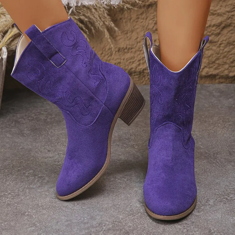 Plus size women's mid boots with square heel, round toe, and V cut in artificial PU – side view