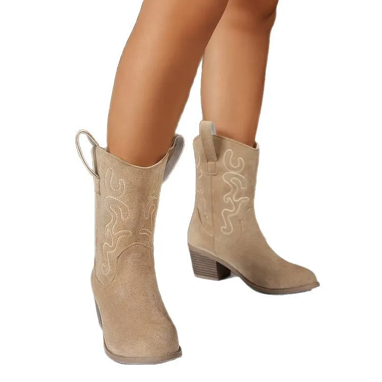 Plus size women's mid boots with square heel, round toe, and V cut in artificial PU – side view