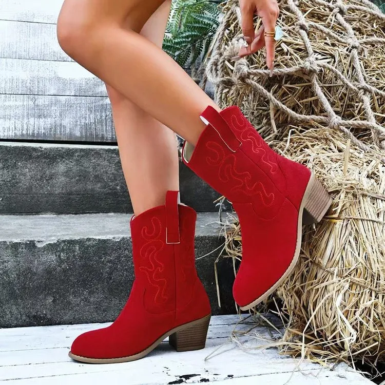Plus size women's mid boots with square heel, round toe, and V cut in artificial PU – side view
