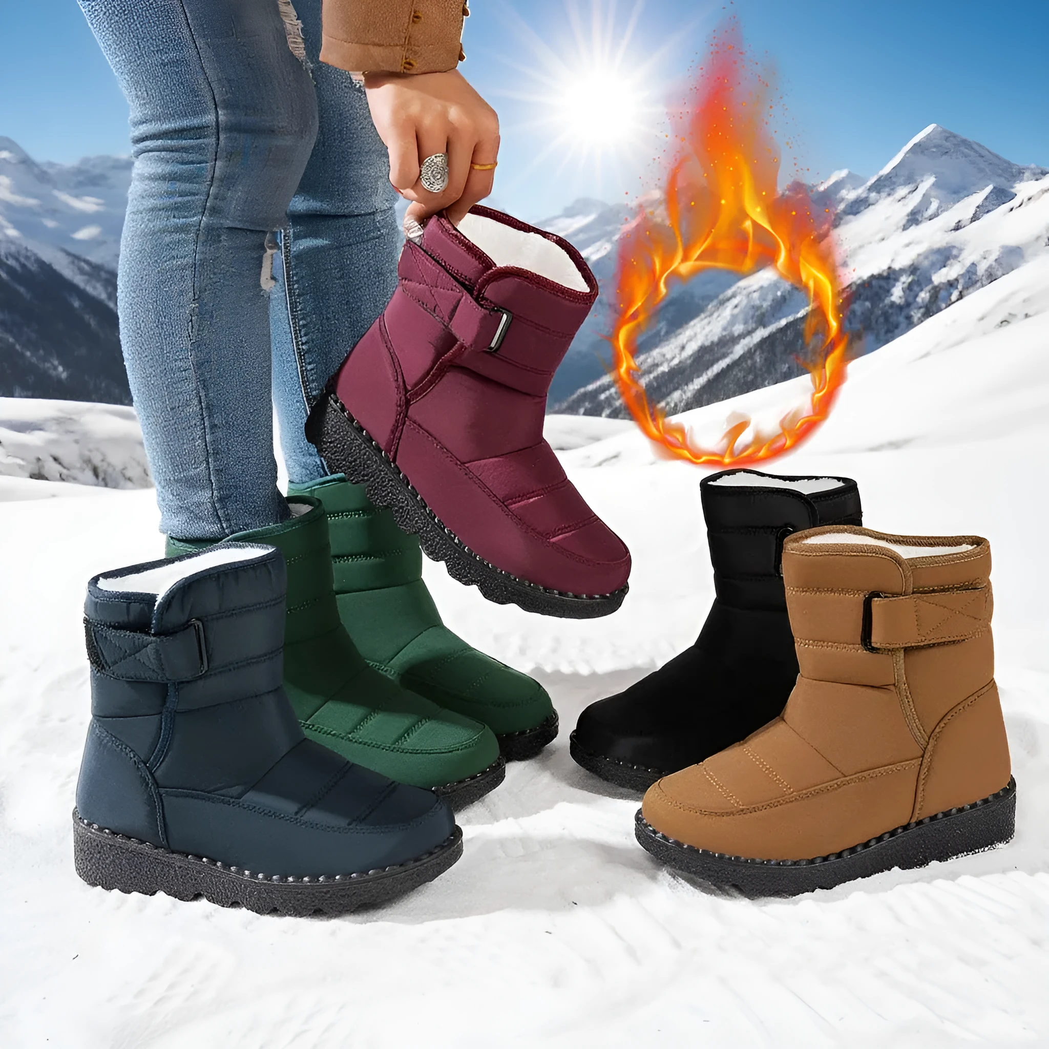 Women's plus size snow boots with velvet lining and cotton cloth upper in black