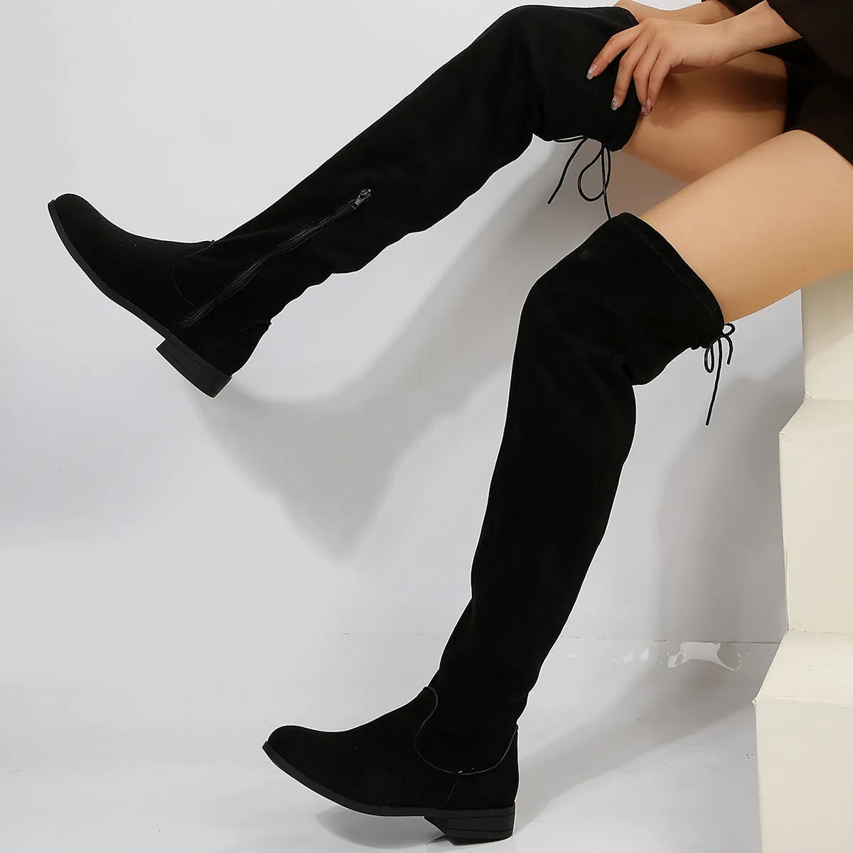 Plus size women over the knee suede boots low heel 1-3cm round toe black brown rubber sole sizes 36-43