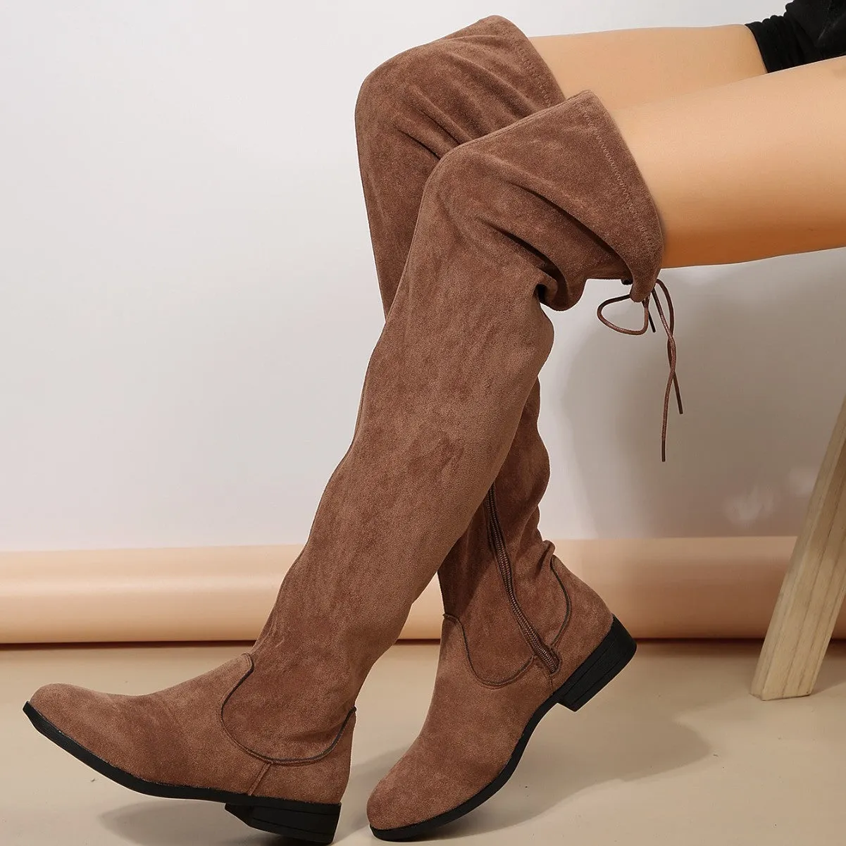 Plus size women over the knee suede boots low heel 1-3cm round toe black brown rubber sole sizes 36-43
