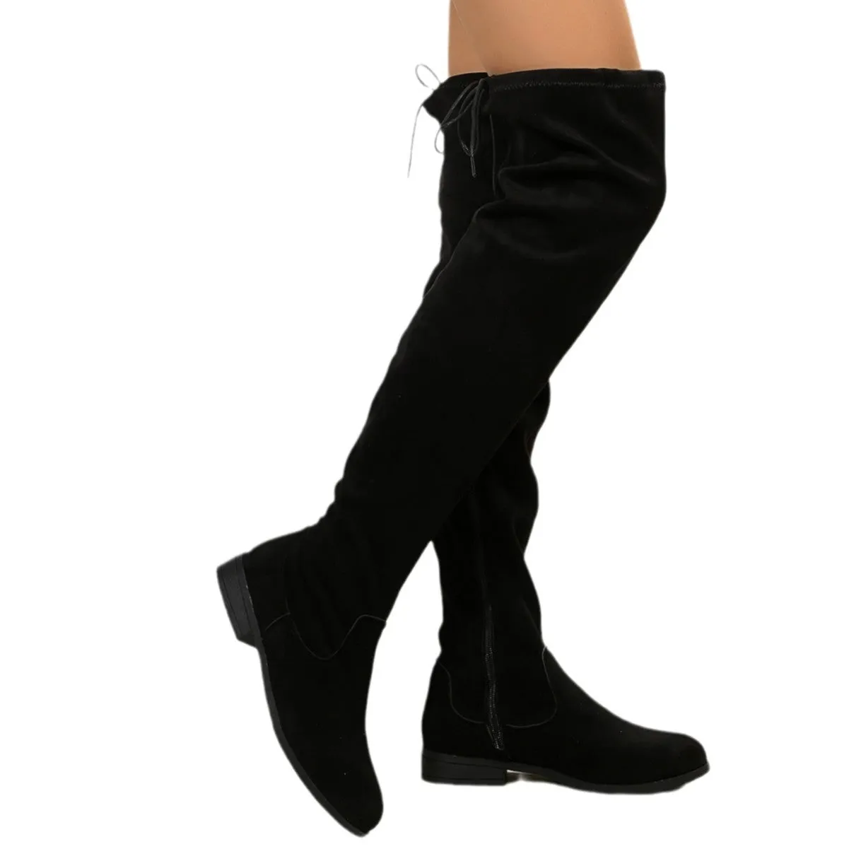 Plus size women over the knee suede boots low heel 1-3cm round toe black brown rubber sole sizes 36-43