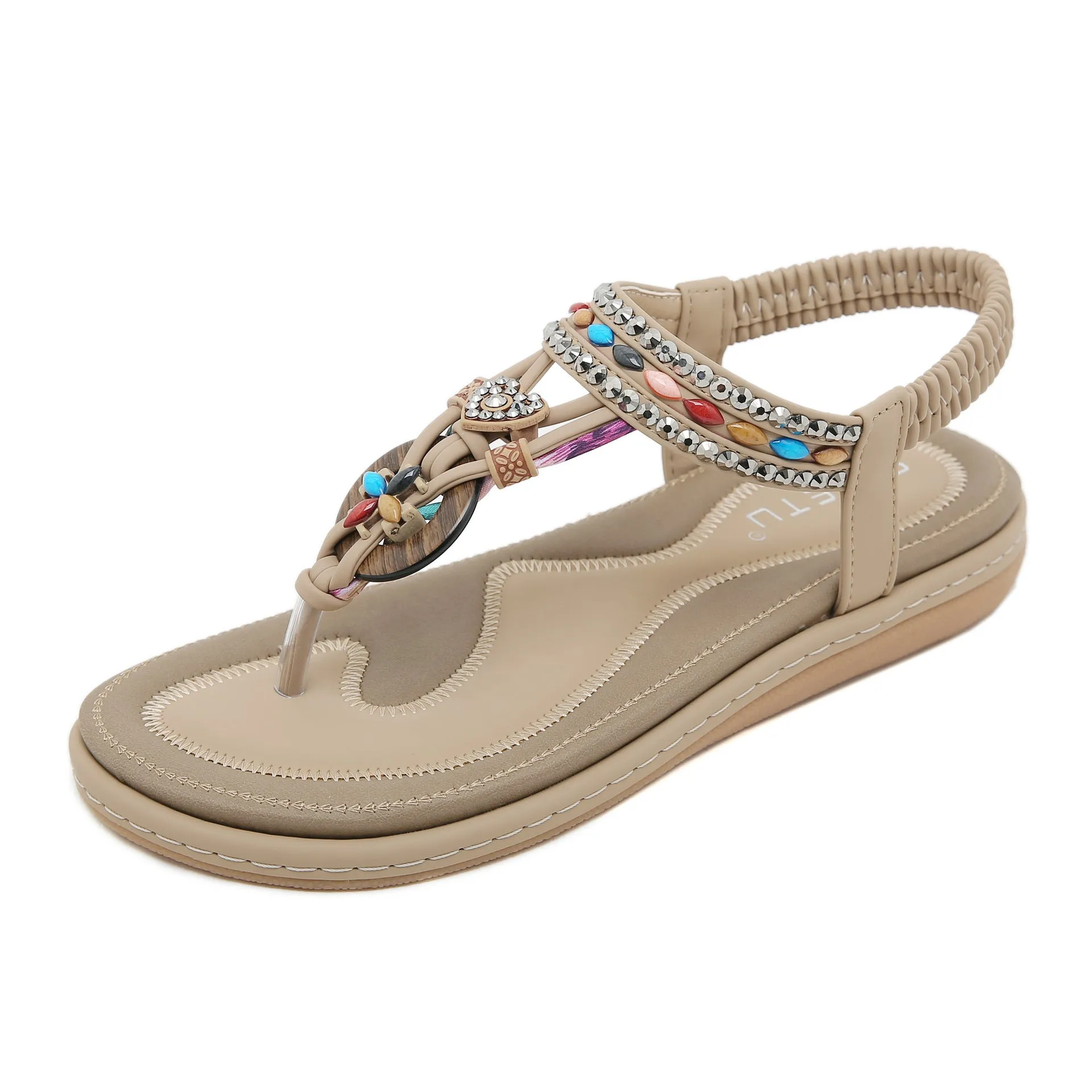 Women's rhinestone flip-flop sandals with leather lining and TPR sole in apricot, black, and khaki