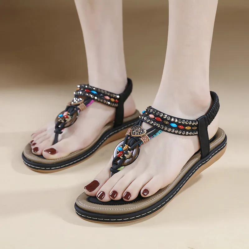 Women's rhinestone flip-flop sandals with leather lining and TPR sole in apricot, black, and khaki