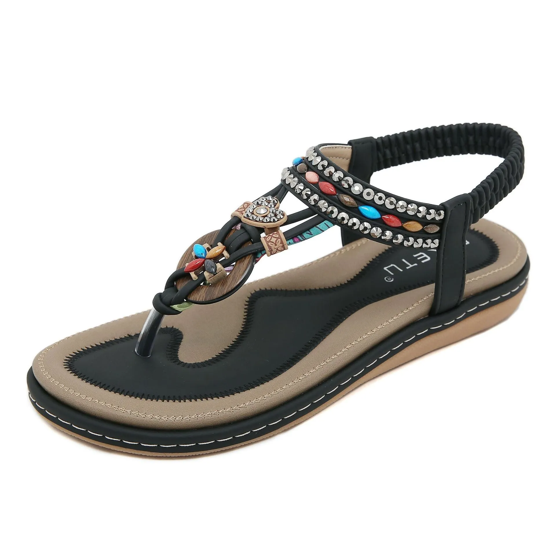 Women's rhinestone flip-flop sandals with leather lining and TPR sole in apricot, black, and khaki