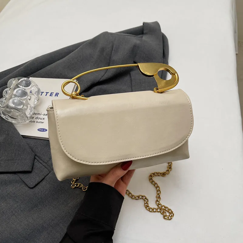 Horizontal square PU leather shoulder handbag with sandwich pocket and street trend sewing thread detailing