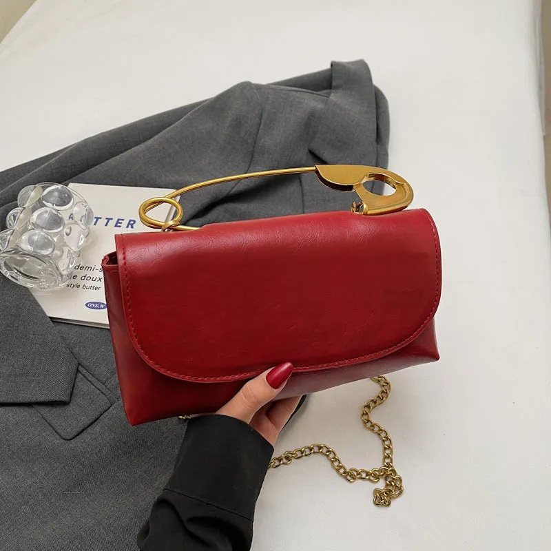 Horizontal square PU leather shoulder handbag with sandwich pocket and street trend sewing thread detailing