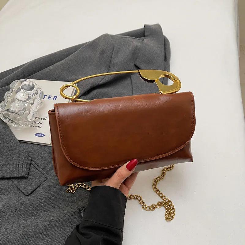 Horizontal square PU leather shoulder handbag with sandwich pocket and street trend sewing thread detailing