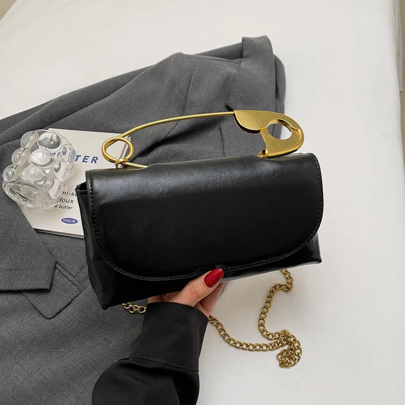 Horizontal square PU leather shoulder handbag with sandwich pocket and street trend sewing thread detailing