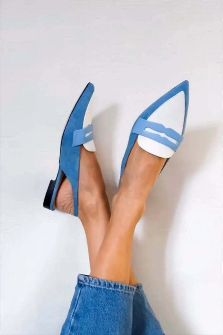 Blue and white colour block pointed low square heel pumps with PU upper and decorative sewing line