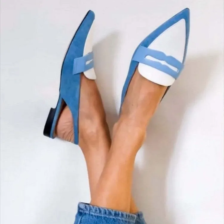 Blue and white colour block pointed low square heel pumps with PU upper and decorative sewing line