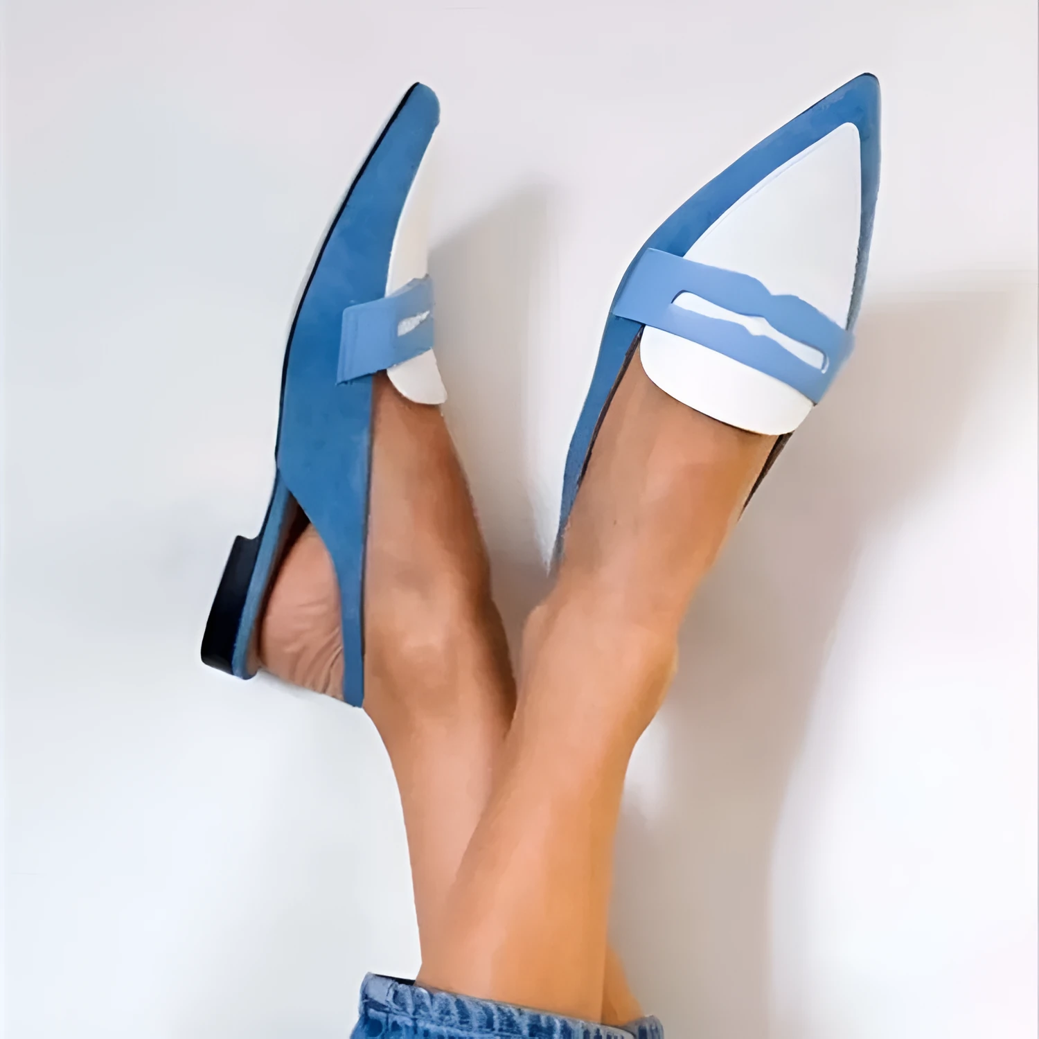 Blue and white colour block pointed low square heel pumps with PU upper and decorative sewing line